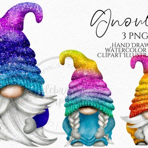 Clipart Gnomo Glitterato PNG Arcobaleno Gonk disegnato a mano acquerello download istantaneo clipart commerciale digitale