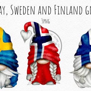 Norvegia, Svezia e Finlandia gnomi patriottici disegnati a mano acquerello clipart download immediato clipart commerciale digitale