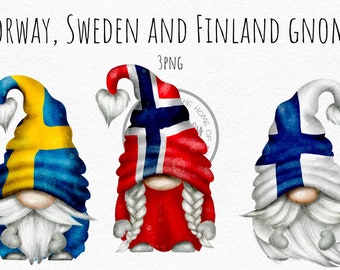 Norvège, Suède et Finlande Patriotic Gnomes Hand Drawn aquarelle clipart téléchargement instantané numérique Commercial clipart