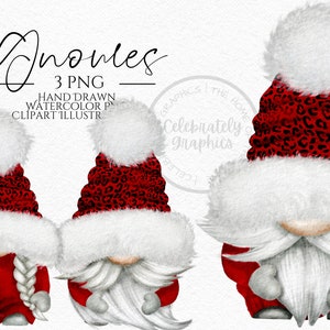Red Leopard Print Christmas Hat Gnomes Png,  Hand Drawn Watercolor Gnome Clipart, Digital Instant Download, Commercial  PNG