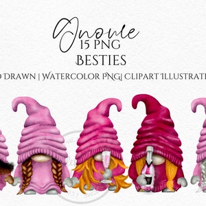 Melhores amigos gnomos, gnomo champanhe rosa, melhores amigos gonks, clipart de gnomo em aquarela desenhado à mão, download instantâneo digital, PNG comercial