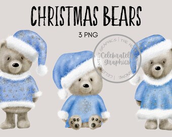 Christmas Teddy Bears PNG clipart, Gold Snowflakes Cute Animal clipart Hand Drawn Bear graphics, instant download digital Commercial clipart