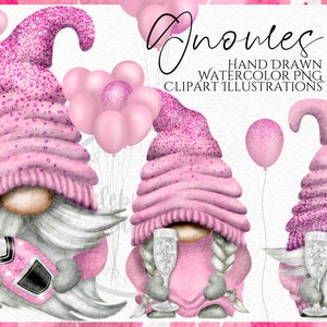Celebrando gli gnomi clipart png con palloncini Pink Party Gonk disegnato a mano acquerello gnomo clipart, download digitale istantaneo, commerciale PNG