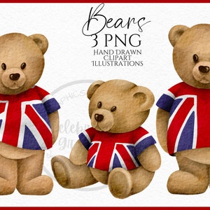 Drapeau du Royaume-Uni ours en peluche clipart PNG, aquarelle dessiné à la main patriotique ours des cliparts, téléchargement numérique instantané, PNG commercial