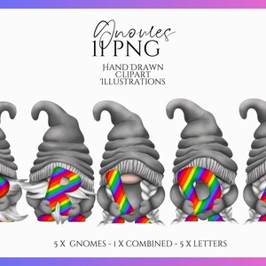 Conjunto de clipart de gnomo do orgulho, 11 ilustrações PNG desenhadas à mão para artesanato, álbuns de recortes, diários de lixo e projetos de impressão sob demanda LGBTQ+