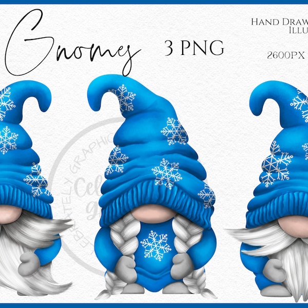 Blue Snowflake Gnomes Png, Hand Drawn Watercolor Gnome Clipart, Christmas Gonk Digital Instant Download, Commercial  PNG