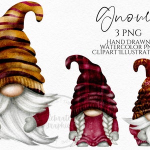 Ensemble de cliparts gnomes rouge foncé PNG Gonks bourgogne dessinés à la main aquarelle Téléchargement instantané numérique clipart