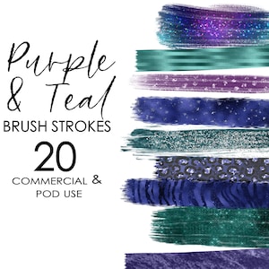 Brush Strokes Clipart with Purple and Teal Glitter PNG Paint Stroke Planner Clipart Purple Teal  Instant Download Commercial and POD Use