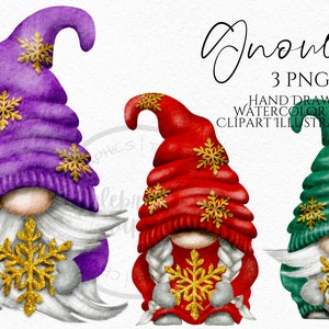 Snowflake Gnomes Png,  Hand Drawn Watercolor Gold Christmas Gnome Clipart, Digital Instant Download, Commercial  PNG