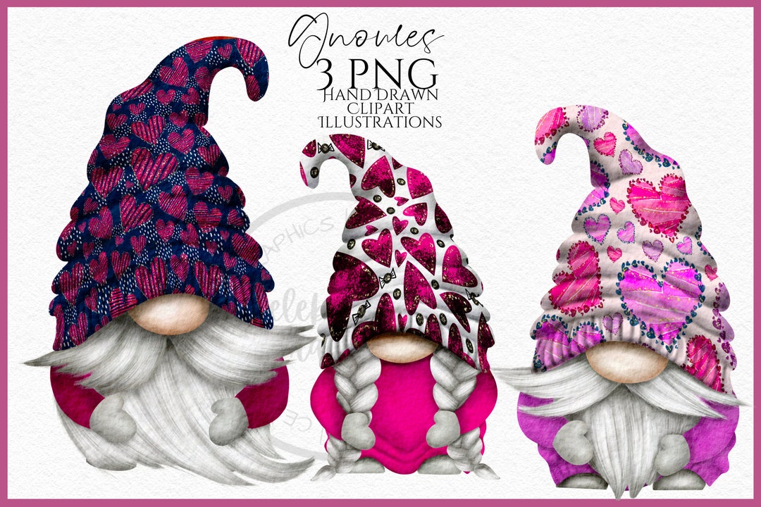 Pink Heart Valentines Gnome Clipart PNG Bundle Pink Valentine Gonk Hand ...