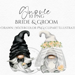 Bride and Groom Gnomes, Wedding Gonks Hand Drawn Watercolor Gnome Clipart, Digital Instant Download, Commercial  PNG