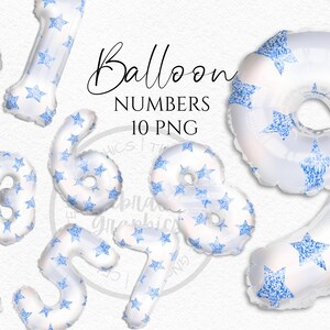 Clipart di palloncini in foil, palloncino in foil con motivo stella blu con numeri ombra Download istantaneo grafica in Png