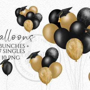 Graduation Balloon Clipart, Black Gold Glitter   Pattern Bunches  Instant Download Graphics in Png