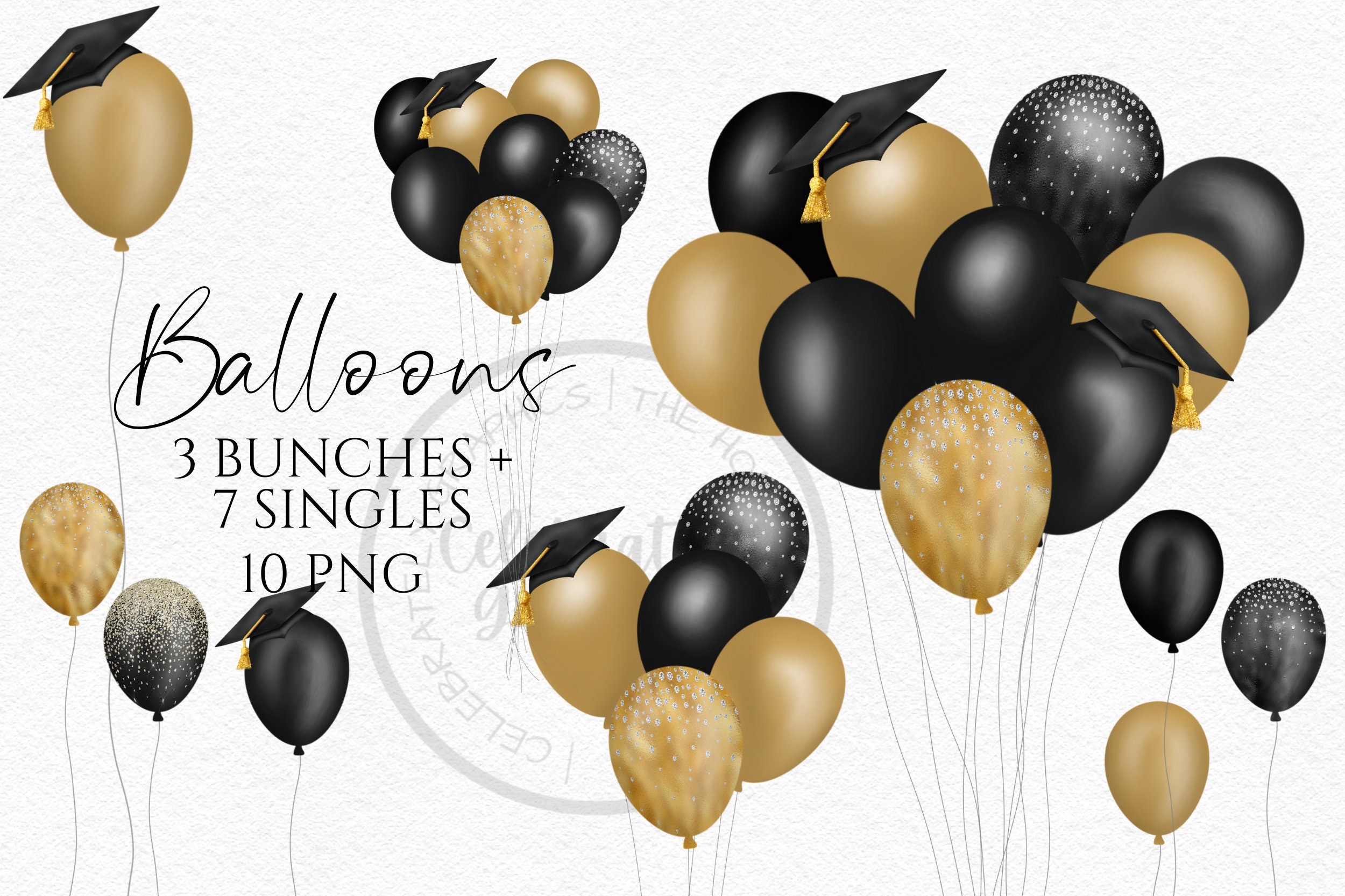 Graduation Balloon Clipart Black Gold Glitter Pattern Bunches - Etsy UK