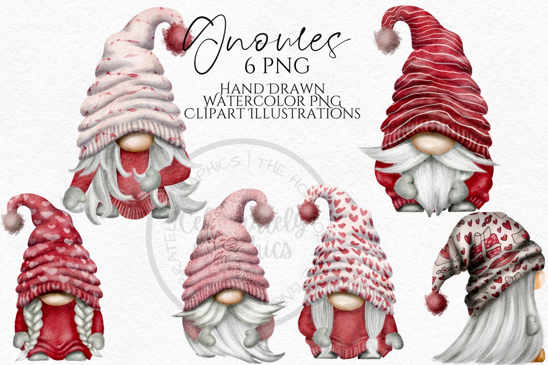Valentines Gnome Clipart PNG Set of 6 Gnomes Hand Drawn Watercolor ...