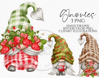 Strawberry Gnomes Clipart PNG, Hand drawn watercolor clipart png Instant Download PNG