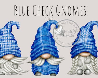 Blue Plaid Gnome PNG, Blue Check Pattern, Blue Gingham Patter Gnomes Clipart, Hand Drawn Watercolor  Water Colour Gnomes Instant Download