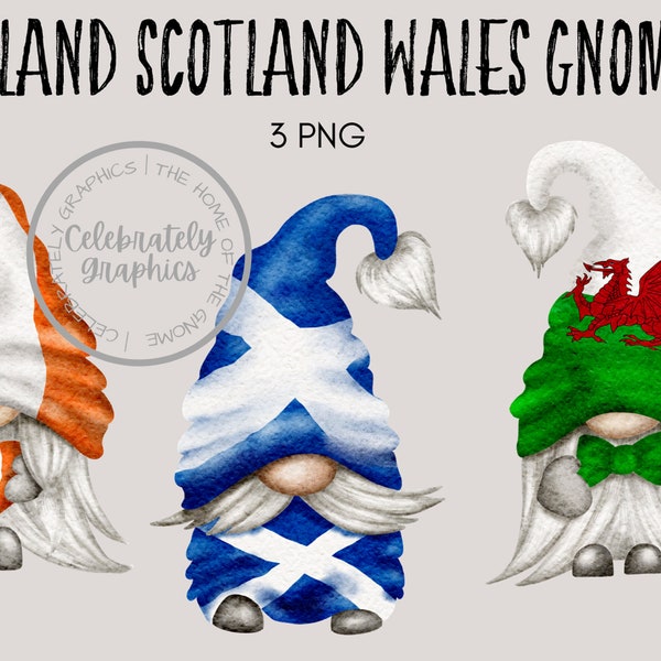 Gnomo patriótico Irlanda Escocia Gales Dibujado a mano acuarela clipart descarga instantánea imágenes prediseñadas comerciales digitales