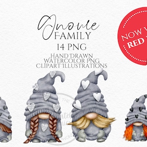 Famille gnomes gris, papa maman nain, enfants gnome aquarelle dessinés à la main des cliparts nain, téléchargement numérique instantané, PNG commercial