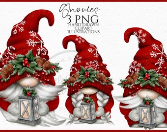 Red Christmas Foliage Lantern Gnomes Watercolor Clipart Png , Christmas Gonk Digital Instant Download, Commercial  PNG