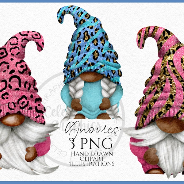 Dark Skin Gnomes Clipart PNG Animal Print Gnomes Png  , Hand Drawn Gonks Clip art PNG instant download, PNG digital Commercial  Use