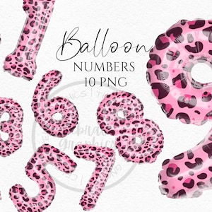 Folie ballon clipart, roze luipaard print ballon nummers Instant Download graphics in PNG