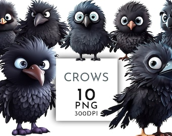 Cute Crows Clipart PNG, Clipart Pack de 10, Crafts Card Making Transparent Background, Téléchargement instantané, Fichier numérique, Clipart commercial