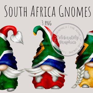 Clipart PNG di gnomo con bandiera sudafricana, Clipart di gnomo patriottico sudafricano disegnato a mano ad acquerello, Download digitale istantaneo, PNG commerciale