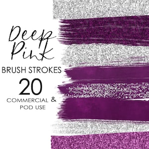 Deep Pink Brush Strokes Clipart with Silver Glitter PNG Paint Stroke Planner Clipart Instant Download Commercial and POD Use