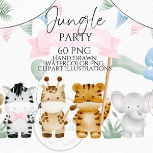 Clipart festa nella giungla, zebra giraffa elefante leone scimmia acquerello disegnato a mano download istantaneo grafica in png