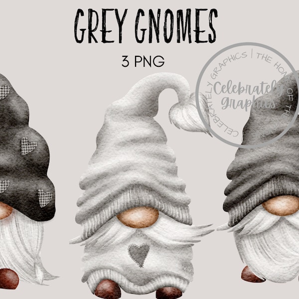 Grey Hand Drawn watercolour Gnome Clipart PNG, Instant Download Gnome Clipart