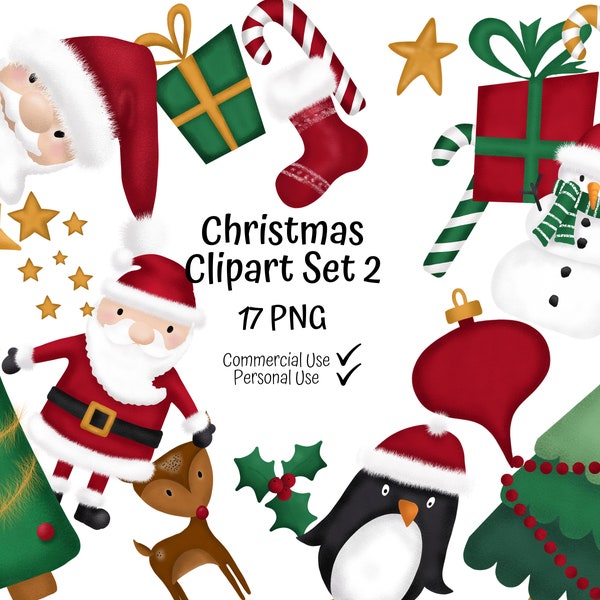 Christmas Clipart Set 2 Christmas Clipart Winter clipart Christmas Printable Holly Deer Santa PenguinStars Tree Christmas clip art