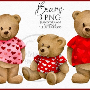 Coeur rouge ours en peluche clipart PNG, aquarelle dessiné à la main valentine ours clipart, téléchargement numérique instantané, PNG commercial