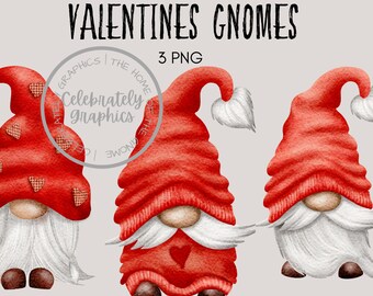 Red Valentine's Hand drawn watercolour gnomes, Gnome Clipart, Digital Instant Download, Commercial  PNG