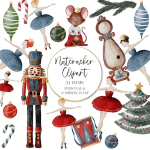Clipart de quebra-nozes, clipart de férias em aquarela de Natal Ballet Sugar Plum Fairy Christmas Tree, Solider clip art, uso comercial