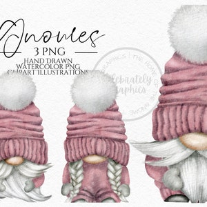Pink Christmas Hat Gnomes Png, Hand Drawn Watercolor Gnome Clipart, Digital Instant Download, Commercial  PNG