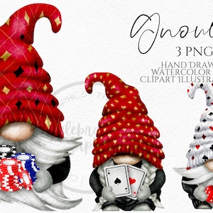 Casino Gnome Clipart PNG bundel Poker Gonk hand getekende aquarel instant download digitale commerciële clipart