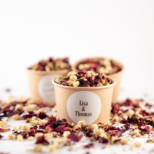 Fiori confetti Rosso Avorio + tazza marrone + adesivo personalizzato / coriandoli da fiori secchi / fiori confetti / matrimonio