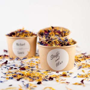 Fiori confetti Summer Days + tazze marroni + adesivo personalizzato / coriandoli da fiori secchi / coriandoli di fiori / matrimonio