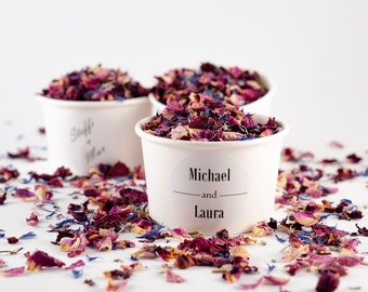 Blütenkonfetti Fairytale + Becher weiß + personalisierter Sticker / Konfetti aus getrockneten Blüten / Blütenkonfetti /Hochzeit