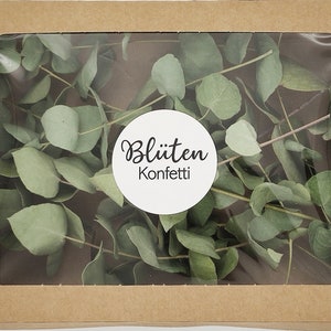 10 mini rami di Eucalyptus Cinerea essiccati in una scatola di carta kraft con adesivi originali di coriandoli di fiori / decorazione per matrimoni