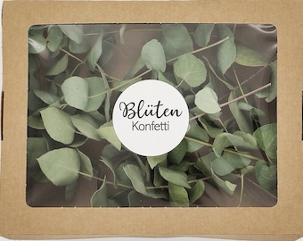 10 Mini-Zweige getrockneter Eukalyptus Cinerea in einer Box aus Kraftpapier mit Original Blütenkonfetti Aufkleber / Hochzeitsdekoration