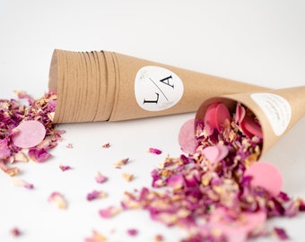Confettis fleurs Romance rose et confettis papier de soie rose + cônes papier kraft + autocollant personnalisé / confettis mariage / fête