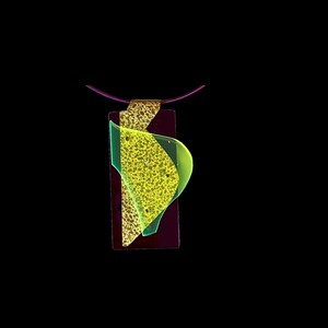 May include: A modern pendant necklace featuring a rectangular, dark purple base with a textured gold-colored accent. Bright green and yellow abstract shapes are layered over the base, suspended from a thin, purple cord.