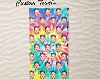 May include: A colorful beach towel with a repeating pattern of a man's face on a tie-dye background. The towel is made of soft, absorbent material and is perfect for drying off after a swim.
