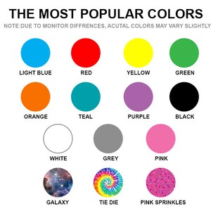 Op de afbeelding: Een grafiek die de populairste kleuren laat zien, waaronder lichtblauw, rood, geel, groen, oranje, teal, paars, zwart, wit, grijs, roze, galaxy, tie-dye en roze sprinkles.