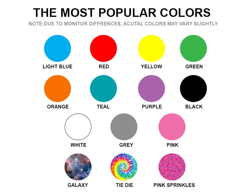 Op de afbeelding: Een grafiek die de populairste kleuren laat zien, waaronder lichtblauw, rood, geel, groen, oranje, teal, paars, zwart, wit, grijs, roze, galaxy, tie-dye en roze sprinkles.