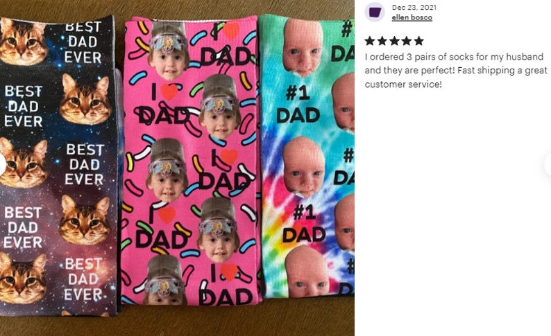 Pu&ograve; includere: Tre paia di calzini con design unici. Un paio presenta facce di gatto e la scritta "BEST DAD EVER". Un altro paio ha uno sfondo rosa con "I ❤️ DAD" e facce di bambino. Il terzo paio ha uno sfondo tie-dye con "#1 DAD" e facce di bambino.
