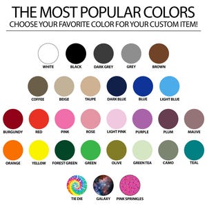 Pu&ograve; includere: Immagine che mostra una tabella dei colori con una variet&agrave; di opzioni per articoli personalizzati. La tabella include colori come bianco, nero, grigio, marrone, blu, rosa e altro. Il testo recita "I colori pi&ugrave; popolari" e "Scegli il tuo colore preferito per il tuo articolo personalizzato!"