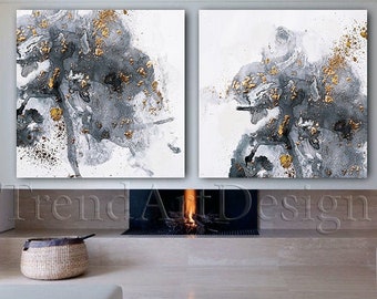Gray Wall Art Set of Two, Gold Leaf Painting, Abstract Canvas Prints, Extra Large White Gray Gold Art for Modern Living Room or Office Decor